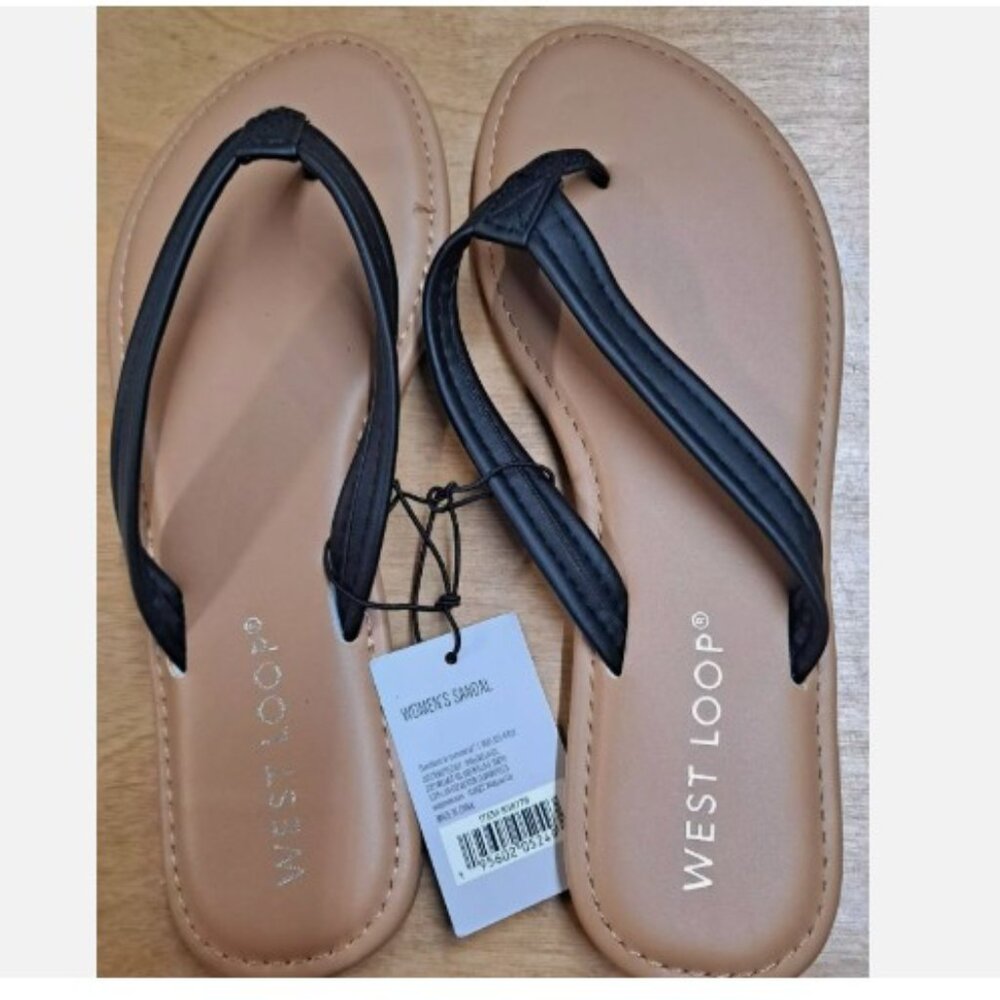 West Loop Women's Flip Flops Brown with Black Straps Size small (5/6)